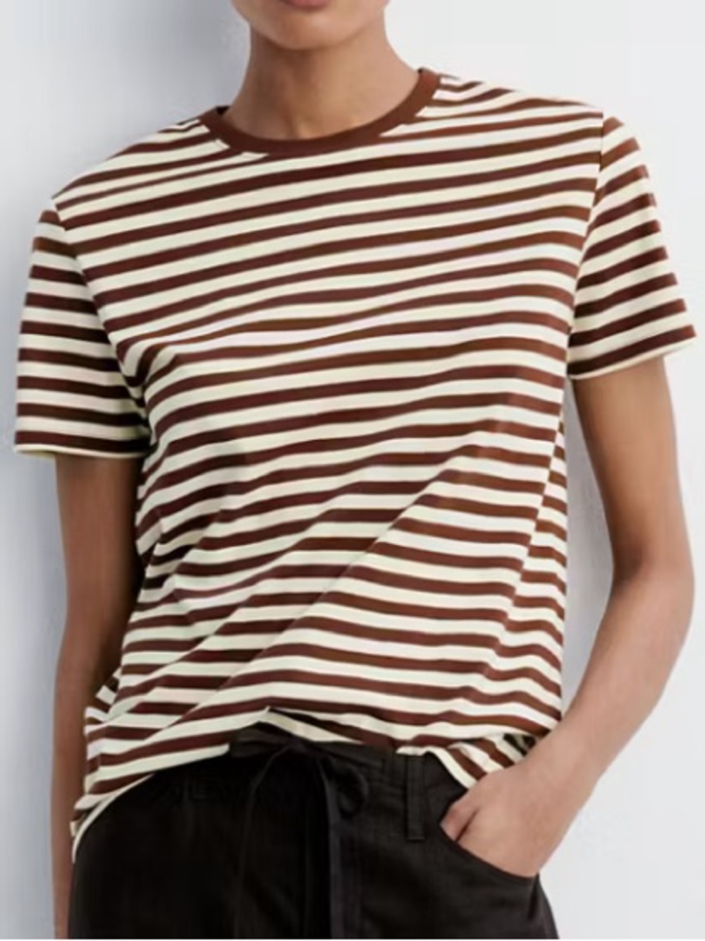 Mango Brown and Cream Striped Short Sleeve Crewneck Tee STRIPED COTTON T-SHIRT